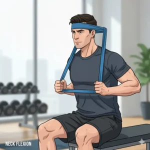 Proper setup for beginner resistance bands neck flexion, focusing on slow, controlled movement.