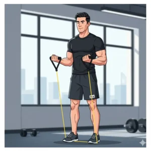 Man performing a standing bicep curl using 20 lb resistance bands with handles, demonstrating proper form.