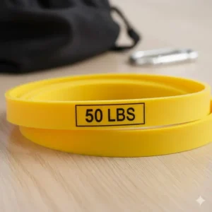 Close-up view of the label indicating the tension level of resistance bands 50 lbs for quality confirmation.