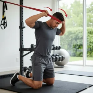 Proper setup for the neck flexion exercise using resistance bands for neck training, anchored at the back.