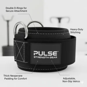 Detailed view of the exercise band ankle strap showing the durable stitching, comfortable neoprene padding, and the double D-ring attachment points.