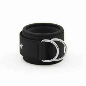 Close-up shot of a premium resistance bands ankle cuff highlighting the durable neoprene padding and double D-ring attachment points.
