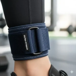 Close-up showing the secure and adjustable strap mechanism of the resistance ankle bands around the leg.