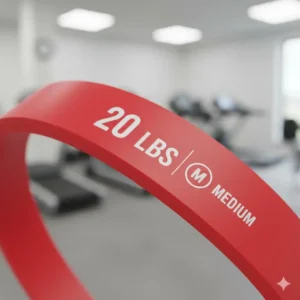 Close-up view of high-quality resistance bands 20 lbs clearly marked with tension, ideal for beginner or intermediate workouts.