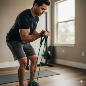 Man performing bicep curls using a 50 lb resistance bands for upper body strength.