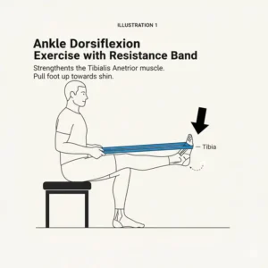 Diagram illustrating the proper technique for dorsiflexion movement using ankle exercise bands for targeted muscle strengthening.