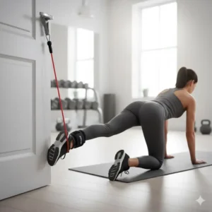 Woman performing a glute kickback exercise using ankle strap resistance bands to target the gluteus maximus.