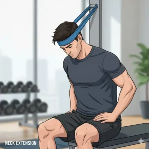 Illustration demonstrating a neck extension exercise using a loop resistance bands neck anchored to a door or high point.