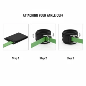Step-by-step diagram showing how to securely attach a resistance bands to the D-ring of an ankle cuff before starting an exercise.