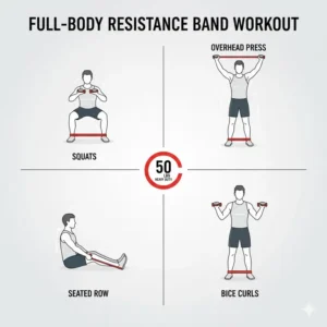 Diagram illustrating a full-body workout routine achievable with a 50 pound resistance band.