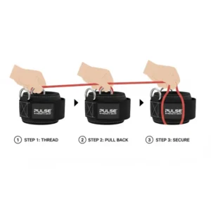 Step-by-step diagram or animation demonstrating how to properly attach the resistance band to the exercise band ankle strap D-rings for a secure fit.
