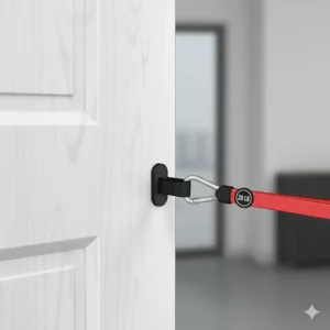 Close-up of a door anchor securely holding 20 lb resistance bands for back and chest exercises.
