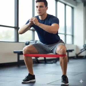 Proper form for a bodyweight squat enhanced by the added tension of resistance bands 20 lbs looped above the knees.