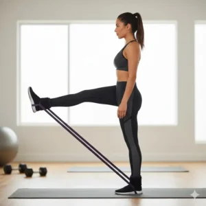 An illustration of a person doing a standing leg abduction movement, highlighting how the durable exercise bands with ankle cuffs hold securely in place.