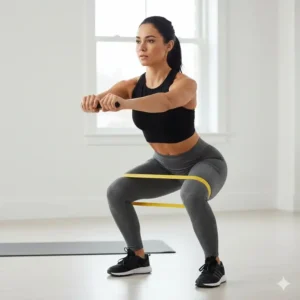 Correct form for a squat exercise using 50 lb resistance bands for leg and glute training.