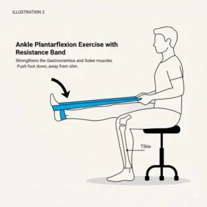 Instructional image showing the plantarflexion movement against the resistance of ankle exercise bands, often recommended for physical therapy.