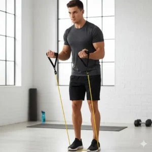 Athlete executing a bicep curl with the thick tube style of resistance bands 50 lbs for arm development.