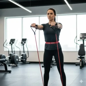 Woman performing a standing chest press using resistance bands 20 lbs to strengthen her chest and triceps muscles.
