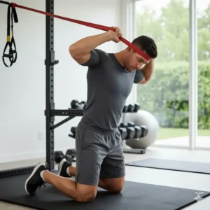 Illustration showing the correct technique for lateral neck flexion (side bend) using resistance bands for neck training.