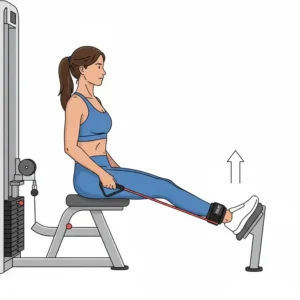 Illustration of a seated person performing a leg extension exercise using a cable machine and the secure exercise band ankle strap.