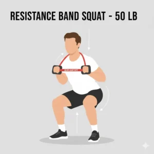 Demonstrating a proper form squat exercise using the 50 pound resistance band.