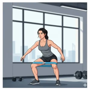 Woman using 20 lb resistance bands looped above her knees to add tension while performing a lower-body squat exercise.