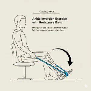 Detailed view of the inversion exercise performed with ankle exercise bands, targeting the inner calf and lower leg muscles.