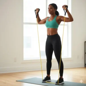 Woman demonstrating a shoulder press using 50 lb resistance bands for shoulder and arm workout.