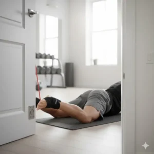 Man lying face down, performing a hamstring curl with ankle strap resistance bands providing adjustable tension for the exercise.