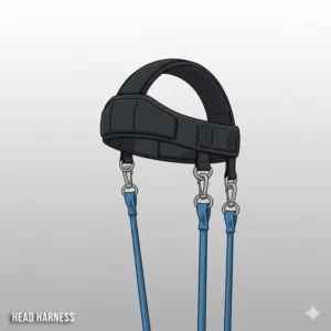 Close-up of a specialized head harness attachment used to connect to resistance bands neck training equipment.
