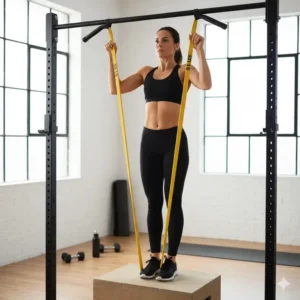 Woman using a loop style of resistance bands 50 lbs to assist her in performing a successful pull-up.