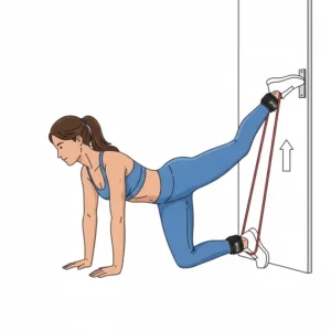 A graphic illustrating the correct form for a glute kickback using an exercise band ankle strap attached to a door anchor.