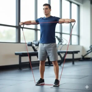 Man executing lateral raises with a loop-style resistance bands 20 lbs under his feet to target shoulder muscles effectively.