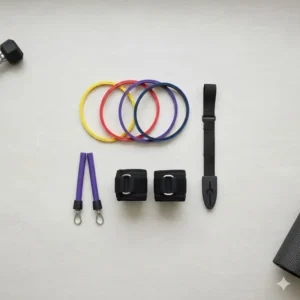 Full kit display showing a set of multi-level resistance exercise bands with ankle cuffs for a complete lower body workout system.