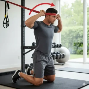 Gentle neck rotation exercise performed with resistance bands for neck training to improve rotational strength.