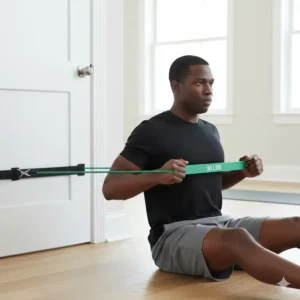 Seated rowing exercise with the 50 lb resistance bands anchored to a door for building back muscles.