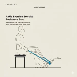 Illustration of a person performing the eversion movement with ankle exercise bands looped around both feet for stability training.