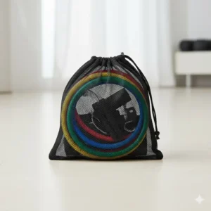 The portable mesh carrying bag containing the compact set of 20 lb resistance bands, emphasizing easy storage for travel.