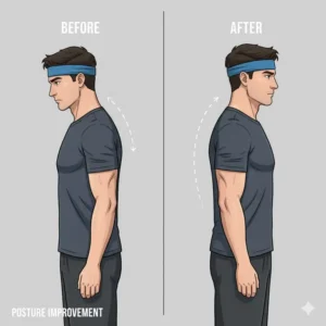 Diagram showing the benefit of consistent resistance bands neck work on correcting forward head posture.