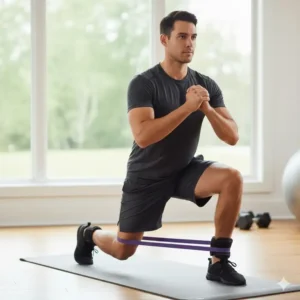 Athlete using a short loop band for added resistance during a forward lunge exercise, attached to exercise bands with ankle cuffs.