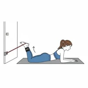 A diagram showing a person lying face down doing a hamstring curl against resistance, secured by the exercise band ankle strap.