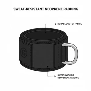 Detailed view illustrating the soft, sweat-resistant neoprene-padded interior of the resistance bands ankle cuffs for maximum comfort during workouts.