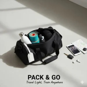 A pair of compact, lightweight ankle bands easily packed into a small gym bag, highlighting their portability for travel.