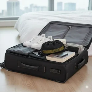 Compact carrying bag holding the full set of resistance bands 50 lbs, ideal for travel and mobile workouts.