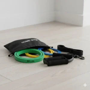 Compact and portable 50 lb resistance bands kit in a travel pouch, highlighting convenience.