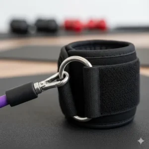 Close-up demonstrating the easy-to-use band attachment via a heavy-duty metal D-ring on exercise bands with ankle cuffs for quick band changes.