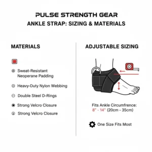 An infographic detailing the adjustable sizing and high-quality, sweat-resistant materials used in the construction of the exercise band ankle strap.