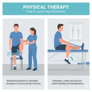 A graphic demonstrating the use of ankle bands in a physical therapy setting for knee and lower leg stabilization.