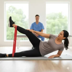 A user performing a controlled leg abduction, demonstrating how resistance bands 20 lbs can be safely incorporated into physical therapy.