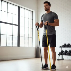 Diagram showing how to stack multiple bands, including the resistance bands 50 lbs, to achieve greater than 50 lbs resistance.